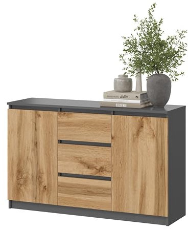 KUBUTKU Kommode Moderner Sideboard Mehrzweckschrank für Schlafzimmer Flur Wohnzimmer Büro (Grafit/Eiche Wotan, 120x97x40cm 2Türen 3Schubladen)