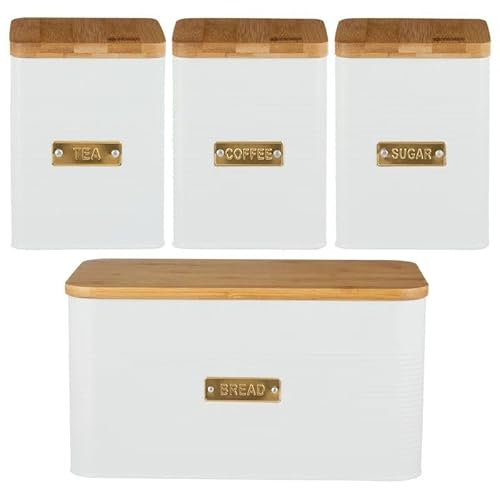 Tphoon Otto White Square Kitchen Storage Canister Set, White with Bamboo Lids, Tea Coffee Sugar and Bread Containers, 4-Piece
