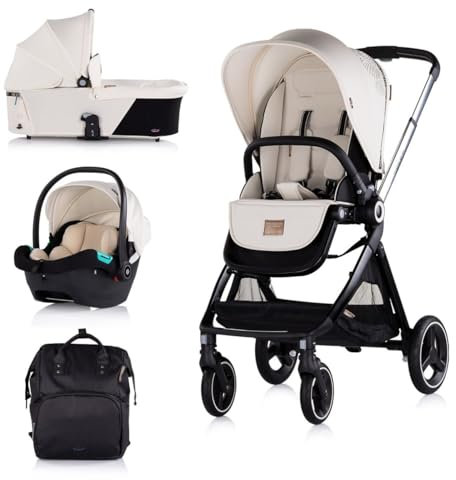 Chipolino Kinderwagen Elite 3 in 1 i-Size Babyschale Sportsitz Babywanne Tasche, Farbe:schwarz beige