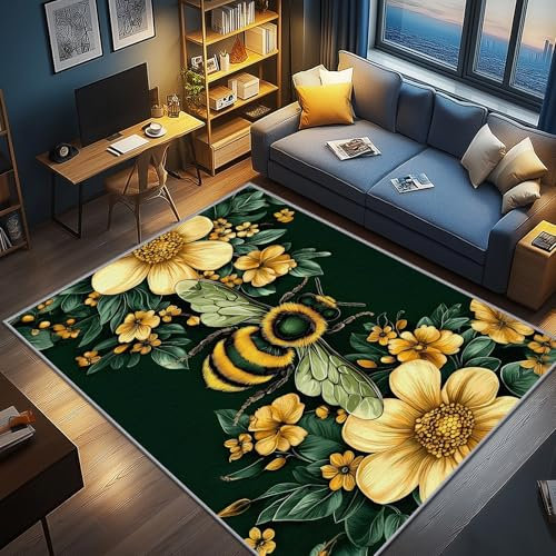 AevuCub Biene Deko, Bienen Gelbe Blumen Teppich 240x300 Kurzflor, Großer Teppich Wohnzimmer Smaragdgrün, Weich rutschfest Waschbare Teppiche, Bettvorleger Schlafzimmer Kinderzimmer