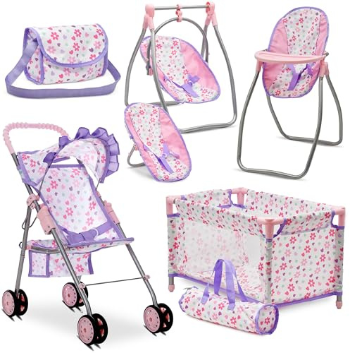 Baby Doll Stroller Bed and Swing Nursery Playset, Baby Doll Accessories Furniture Set Convertible High Chair Diaper Bag Role Play Deluxe Purple Doll Set
