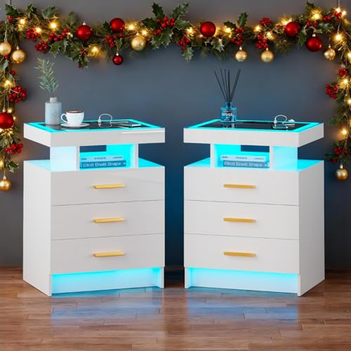 Gurexl Nachttisch Schlafzimmer 2er Set,Side Table mit Kabellosem Laden und Sensoren,Kommode mit 24-Farbigen RGB-Lichtern,Hochglanz Nachttisch mit Glasplatte,3 Schubladen 1 Offenes Fach,Weiß