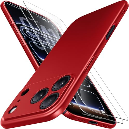 Natiiozie Ultra Dünn Handyhülle Kompatibel mit iPhone 17 Pro Hülle PP Case mit 2 Stück Schutzfolie, Slim Leicht Hartschale mit Voll Kameraschutz Kratzfeste Matt Schutzhülle - Rot