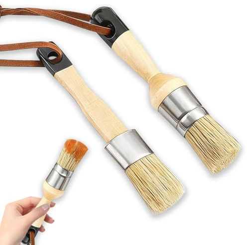 2 Pack Chalk Paint Brush and Wax Brushes, Natural Bristle Round & Oval Wooden Handle Brushes for Furniture, Chalk Paint, Milk Paint, Waxing & DIY Art Crafts