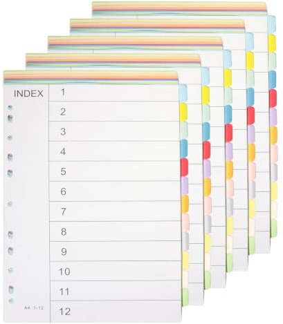 KATLINNA 5er Set Register für Ordner A4, 12 Teiliges A4 Ordner Trennblätter | 12 Farben Trenner Ordners mit 11 Löchern Deckblatt für die Ordner-Organisation im Zuhause Büro Schule