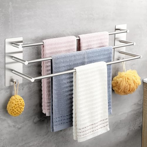 OETAMS Handtuchhalter Ohne Bohren mit 2 Handtuchhaken Handtuchstange Silber | Selbstklebend Wandmontage Badetuchhalter 304 Edelstahl Handtuchhalter 3 Stangen Habdtuchhalterung 61CM Wandregal Badezimmer