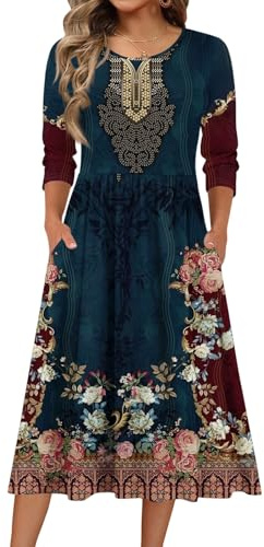 Dresses for Women UK Casual Crewn Neck 3/4 Length Sleeve Elegant Flowy Solid Color Midi Spring Summer Fall Boho A Line Floral Long Dress