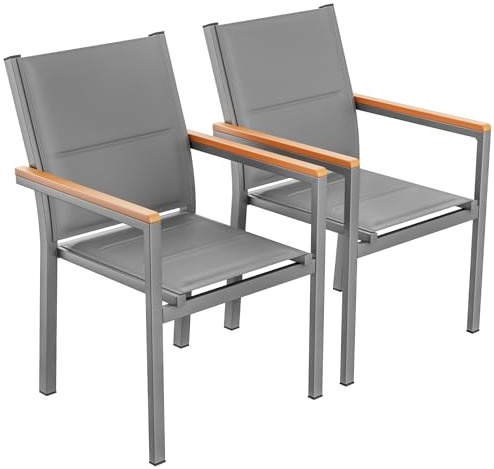 LIFERUN Gartenstuhl 2er Set, Aluminium, mit Gesteppte Rückenlehne & Sitzfläche, Stapelbarer Esszimmerstuhl, WPC Handlauf, Balkonstühle, für Terrasse, Balkon, Terrasse, Pool, Restaurants, Grau, 2 PCS