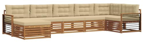 vidaXL Sofagarnituren 7 pcs Natur und Beige Massivholz Akazie, Gartenlounge, langlebiges Ecksofa, Sitzmöbel für außen, Terrasse, Moderne Möbel, Bequeme Gartenmöbel