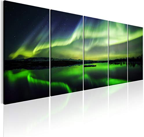 decomonkey Bilder Polarlicht 200x80 cm 5 Teilig Leinwandbilder Vlies Leinwand Wandbilder Wand Bild auf Leinwand Wandbild Kunstdruck Wanddeko Nordlicht Nacht Island