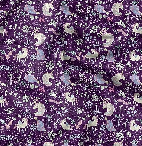 Soimoi Lila Baumwolle Batist Stoff Einhorn & Blumen- Stoff Meterware 42 Zoll breit
