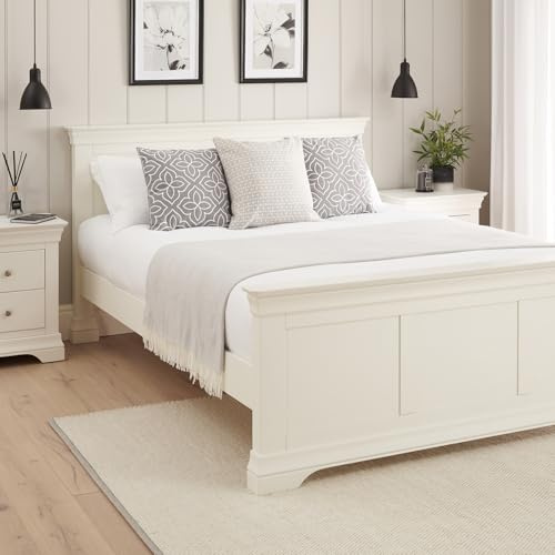 The Furniture Market Wilmslow White Painted 4ft 6in Double Size Bed - Elegant French Inspired Design, Sturdy Bed Frame for Adults, White Satin Finish, Solid Pine Slats, Easy Assembly