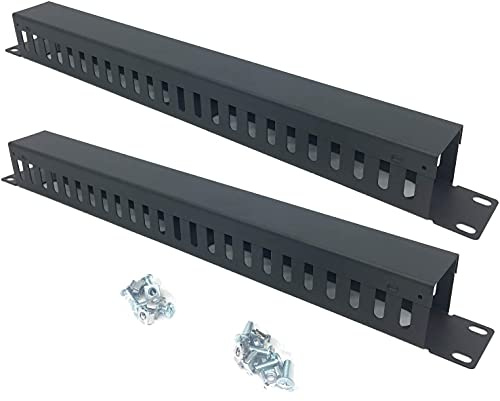 2 Pack 1U 19 Inch Cable Manager Horizontal Rack Mount 24 Slot Metal Finger Duct Wire Organizer with Cover and Mounting Screws for Server Rack, Black(24S2P)