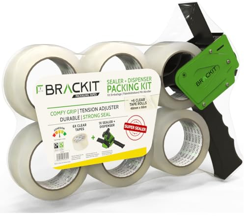 Bracket Tape Gun, Pack of 6 Clear Rolls 48mm x 66m Strong Heavy Duty Packing Tape for Regular Use or Moving – Easily Seals Your Parcels and Boxes