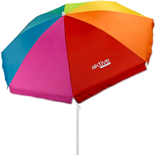 Aktive 62220 - Sombrilla de playa, Ø180 cm, con protección UV filtro 50, mástil Ø22-25 mm, incluye bolsa para transportarla, Sombrilla playa plegable, estampado multicolor, Aktive Beach,