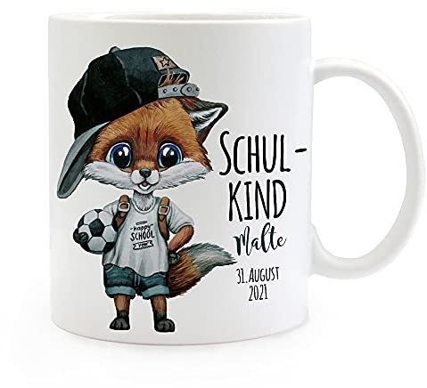 ilka parey wandtattoo-welt Tasse Becher zum Schulanfang Schulstart Fuchs Fußball Junge Schulkind mit Wunschname + Jahr der Einschulung ts2016