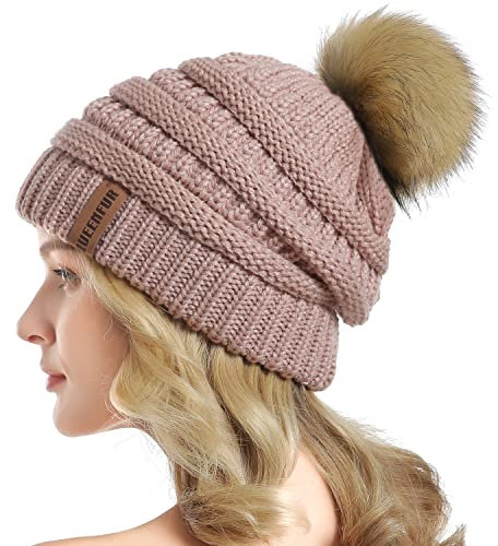QUEENFUR Bonnet ample en tricot pour femme avec pompon en fausse fourrure, doux et chaud, C5-Rose 2, Taille L