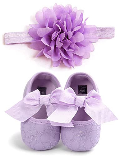 MACHSWON Scarpe da passeggio per neonate, con fiocco e nodo Mary Jane, fascia elastica in morbido cotone, antiscivolo, con suola morbida, per battesimo, per bambine e bambine, con fascia, Viola, 6-12 mesi