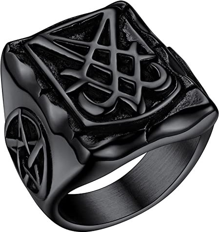 FaithHeart Punk Herren Siegelring von Luzifer Fingerring Schwarz Siegelring Jungen Pentagramm Partnerring Freundschaftsring für Valentinstag Weihnachten