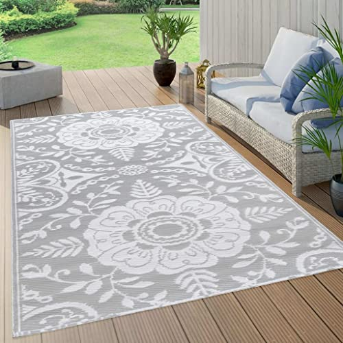 Wetterfest und -beständig Outdoor Teppich Outdoor Teppich aus Polypropylen Wasserdicht & Rutschfest für Balkon Terrasse 160x230cm Hellgrau