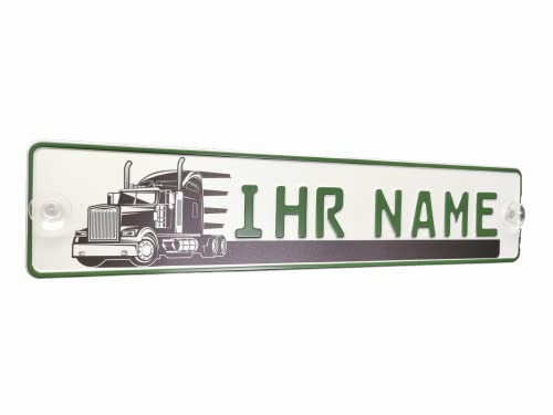 Melsaro LKW Truck Fahrerschild Schild Namensschild Name oder Text Funschild Fun Schild Wunschtext Auto Trucker Car, mit LKW Trucker Design (Schriftfarbe Grün)