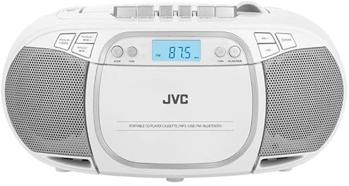 JVC Boombox RC-E451W - Lettore radio CD portatile con Bluetooth, sintonizzatore FM, USB e AUX, riproduzione MP3, CD-R/CD-RW, 3,2 W stereo, display LCD, compatto e leggero