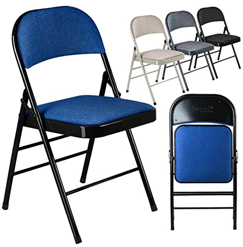 Nyxi Set of 4 Folding Chairs with Padded Fabric Seats, Metal Frame, Foldable Chair Home Office Dinning, Multi-Purpose Indoor & Outdoor (Navy Blue)