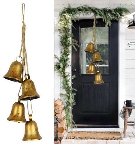 styleonme Decorative Bells, 4-Piece Set of Harmonious Bells, Vintage Handmade and Rustic Lucky Christmas Bells Hanging on a Rope, Gifts for Mom, Grandma, and Women