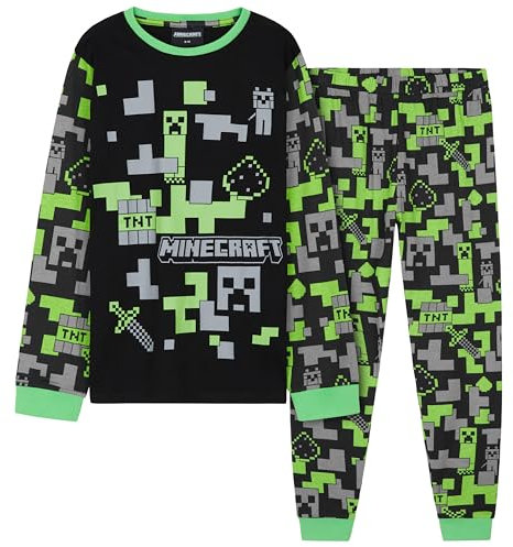 Minecraft Ensembles de Pyjama Garçon, Pyjama Enfant Garcon Coton Hiver Ensemble Enfant Ado 7-14 Ans (Noir/Vert, 13-14 Ans)