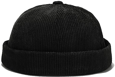 XYIYI Schwarz Herren Cordmütze Dockermütze Brimless Hat Schädelkappe Arbeiter Matrosenmütze Gerollte Manschette Retro Beanie Mütze