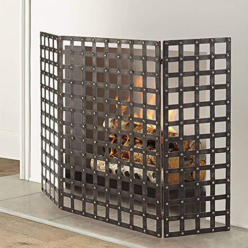 Kaminschutz, groß, flach, schwarz, für den Innen- und Außenbereich, 3-teiliges, faltbares Funkenschutzgitter aus Schmiedeeisen mit Nietendesign, 84,9 cm hoch The New
