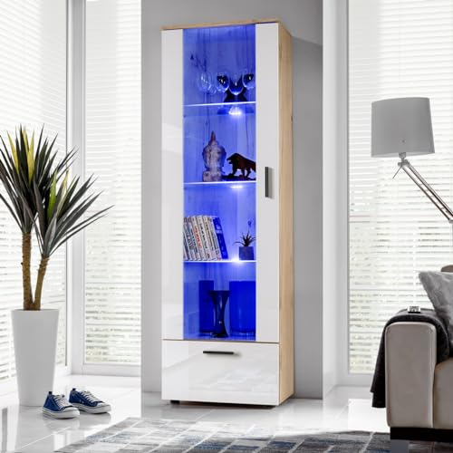 Komodee, Vitrine Schrank Alessandria, Wotan/Weiß, Breite 60cm x Höhe 192cm x Tiefe 42cm, LED RGB, 3 Glasböden, 1 Regal aus laminierter Platte, für Wohnzimmer, Schlafzimmer