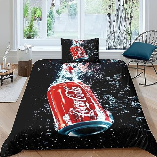 GIOSBR Coca - Cola Mädchen Junge Kinder Bettbezug Set 3D Gedruckter Bettwäschegarnitur Reissverschluss Bettwäsche Und Kissenbezüge Weich Microfaser 2 Teilig Single(135x200cm)