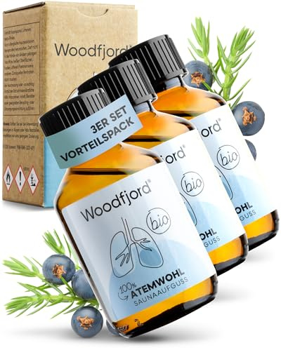 WOODFJORD Saunaaufguss Atemwohl BIO 3 x 100 ml I Mit Terpentinöl I Premium Sauna Aufgussmittel für authentische und nachhaltige Saunaerlebnisse I Saunaöl und Saunaduft I Belebend und vitalisierend