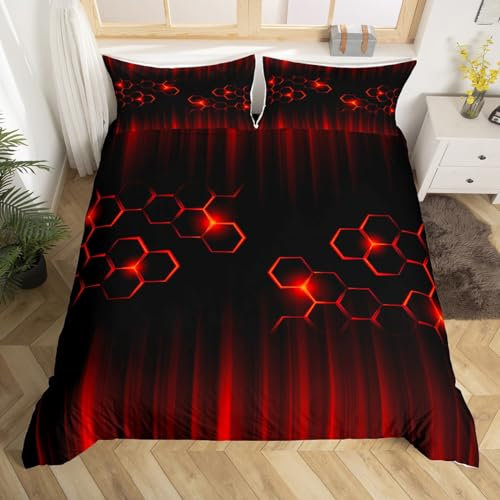 Geometric Abstract Ombre Duvet Cover King Size,Honeycomb Comforter Cover with 2 Pillowcase for Teens Adults,Kids Hexagon Bedding Set,Red and Black Stripe Breathable 3 Pieces Decorative Bed Cover