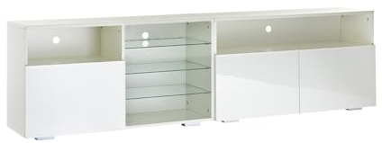 MMT - Mueble de TV blanco de 200 cm con estante de barra de sonido, luces LED de 200 cm de largo, adecuado para televisores de hasta 90 pulgadas, 65, 75, 80, 82 y 84 pulgadas (blanco)