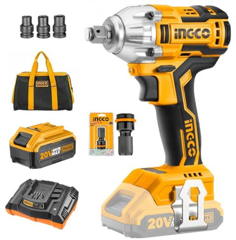 Ingco Ciwli20014ahman Avvitatore a Impulsi a Batteria 20 V 4 ah Attacco 1/2 Motore Brushless Adattatore Hex e Borsa Inclusi