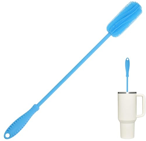 Silicone Bottle Cleaning Brush with Long Handle, 39.5cm Water Bottle Cleaner for Baby Bottles, Hydro Flask, Sports Bottle, Vase, Glassware, Perfect for Smaller Diameter Bottle Openings (Long Blue)