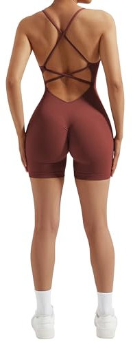 RXRXCOCO Spaghetti Strap Ärmellos Gerippte Push Up Scrunch Booty Jumpsuit Damen Eng Rückenfreie Padded Overall Bauchweg Kurz Yoga Sport Einteiler Romper Karamell M