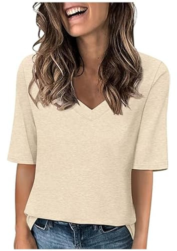 Camisetas Mujer Verano 2024,Casual Camiseta Mujer Media Manga Camiseta Blanca Mujer Camisa Mujer de Cuello en Pico Moda Color Sólido T-Shirt Informal Corte Suelto Multicolor Camiseta