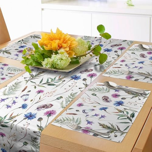 ABAKUHAUS Distel Tischläufer & 4 Stück Tischsets, Sommer Wildblumen Als Kornblume Weide Zweige Und Glocke In Aquarell St?L Druck, Tischdeko-Set, 180 x 40 cm, Reseda Grün Kobaltblau