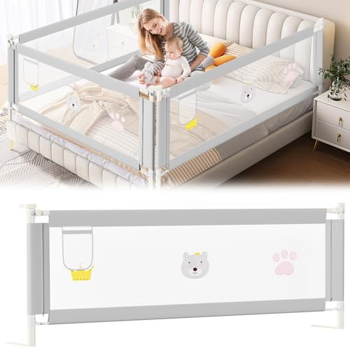 Ikodm Bettgitter 200cm Bettschutzgitter Kinderbettgitter, Rausfallschutz, Kinderbettschutzgitter für Kinder & Elternbetten, Höhenverstellbar 70-98cm, Stabile, Grau