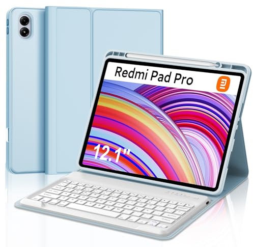 IVEOPPE Funda Redmi Pad Pro 12.1 con Teclado, Teclado Xiaomi Poco Pad 12.1 Pulgadas 2024, Teclado Español Ñ Desmontable Bluetooth para Xiaomi Redmi Pad Pro 12.1 2024, Azul Cielo