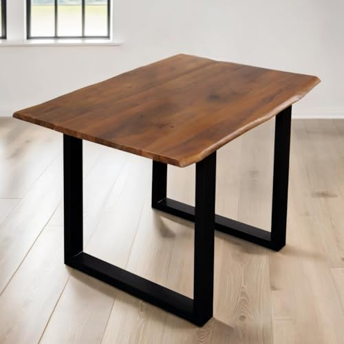 trelevo Esszimmertisch 120x80 cm, Akazienholz massiv 26mm, Tischplatte nussbaumfarben, echte Baumkante, U-Gestell schwarz, Baumkantentisch