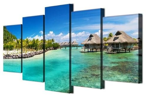 FatAco 5 Paneele Leinwand mit Rahmen Seasight Seelandschaft Strand Holzhaus Natur Bild Kunstdruck Leinwand Gemälde Wandmalerei Home Office Wohnzimmer Schlafzimmer Dekoration Ready to Hang