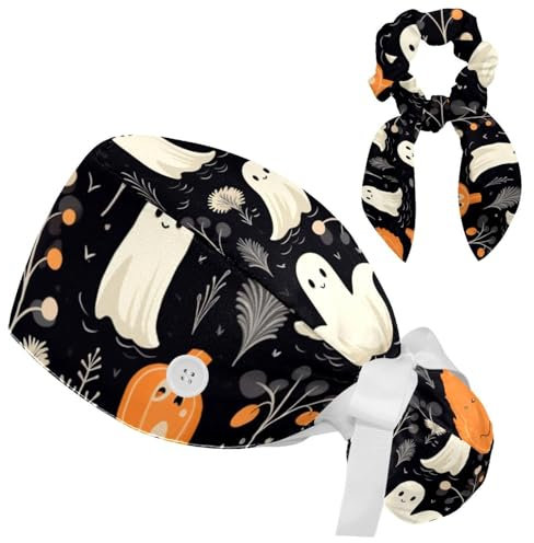 Halloween Cute Specter Skull Cap, Adjustable Tie Back Hat Scrub Cap, One Size Working Head Cover for Women Long Hair, Mehrfarbig, Einheitsgröße