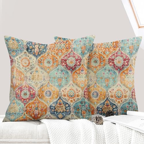 ECZOIL 2er Set Boho Kissenbezüge 45x45 cm,Böhmische Blumen Dekorative Kissenhülle Flachs 18x18 Inch Doppelseitiger Druck Dekorative Kissenbezug für Wohnzimmer Sofa Schlafzimmer-Cremefarben