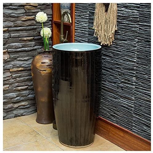 Pedestal Sink Handcrafted Ceramic wash Basin Pedestal washbasin, Kaolin Clay Pedestal Sink Round Freestanding Sink for Indoor and Outdoor,G, (G With mirror)