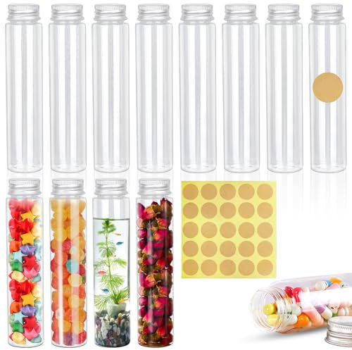 RNHDLY 12 Stück Reagenzglas mit Schraubverschluss 110ML Transparent Reagenzgläser Wiederverwendbare Reagenzglas Kunststoff mit 1 Aufklebern für Süßigkeiten, Blumen, Flüssigkeiten und Perlen