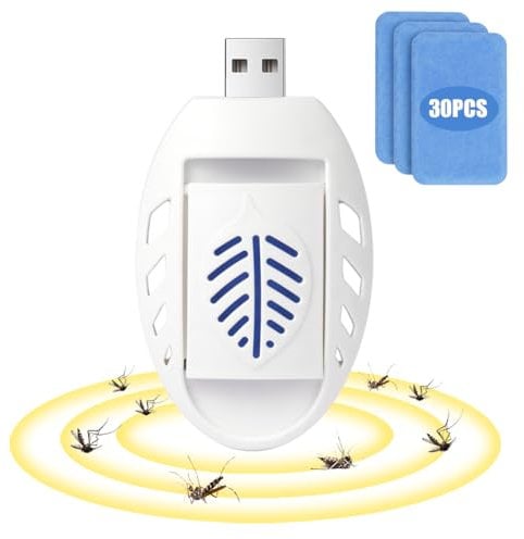 AOOWU Portátil USB Repelente de Mosquitos Eléctrico, Repelente de Mosquitos Eléctrico con 30 PCS Reemplazable Pastillas Repelentes de Mosquitos, USB Mosquito Killer para Aire Libre y Interior